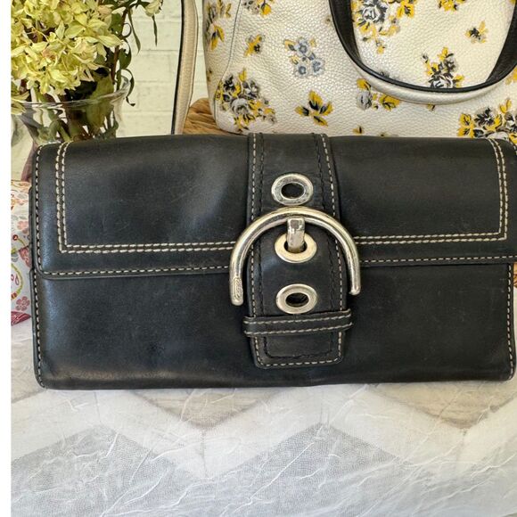 Y2K Coach Black Leather Wallet w/Equestrian Buckle - Unisex - Picture 1 of 9